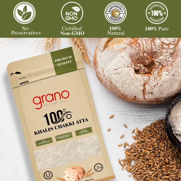 GranoFoods Premium Chakki Fresh Atta - 100% Whole Wheat Flour (2kg Pack)